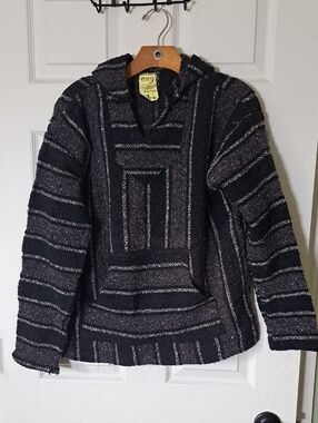 Frank's Baja Men's Blk Textured Hoodie Mexican Hippie Skater Blanket Pullover